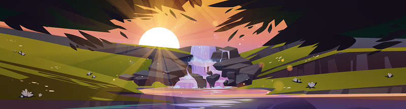 Waterfall cascade in forest at sunset time. Cartoon landscape with river stream flowing from rocks to lake under sun light and tree branches at dusk. Panoramic 2d game background, Vector illustration