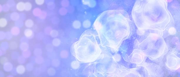 istock Purple and blue illuminated style background. Bokeh light and alcohol ink art abstract horizontal banner. Sea and soap bubble concept 1437180344