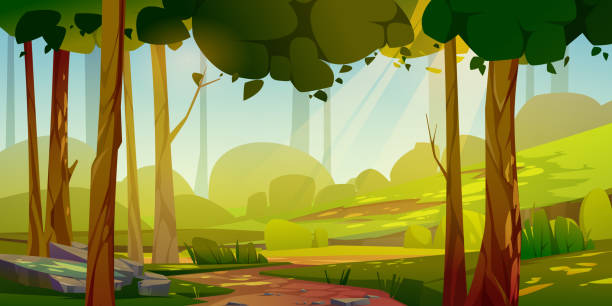 Cartoon forest landscape, summer day background Cartoon forest landscape, summer day background with dirt road going along trees, bushes and green glade with stones or rocks under blue sky with sun beams, scenery wood, Vector illustration Glade stock illustrations