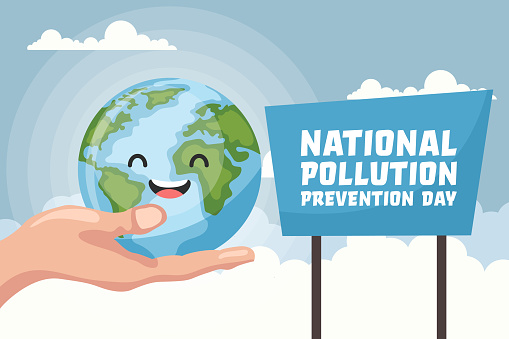 Cartoon background of the planet earth held by a hand with the text of the national pollution prevention day. Poster to raise awareness about caring for the environment