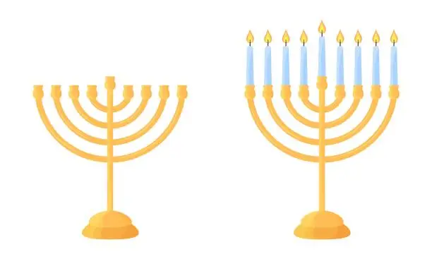 Vector illustration of Hanukkah menorah empty and with lit candles. Set of traditional Jewish Hanukah symbol. Isolated golden chanukiah holder with nine candles on white background. Flat vector illustration