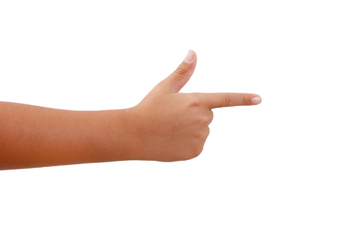 Child hand makes an index sign, isolated on a white background.