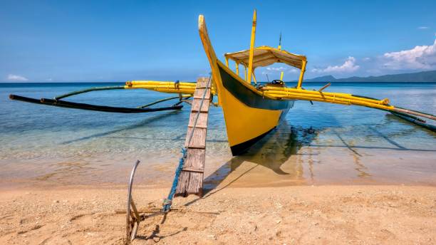 una banca di legno ancorata su una spiaggia su un'isola tropicale nelle filippine. - puerto galera foto e immagini stock