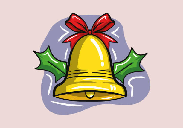 handgezeichnete weihnachtsglocke mit rotem band mit mistelblätter-illustration - lampionpflanze stock-grafiken, -clipart, -cartoons und -symbole