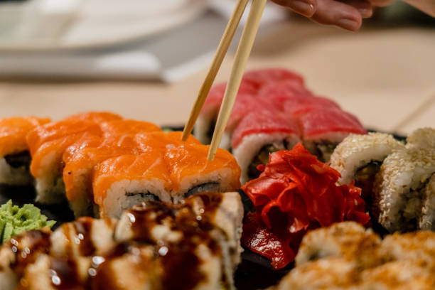 istock Set of fresh sushi rolls. Japanese seafood 1437184053