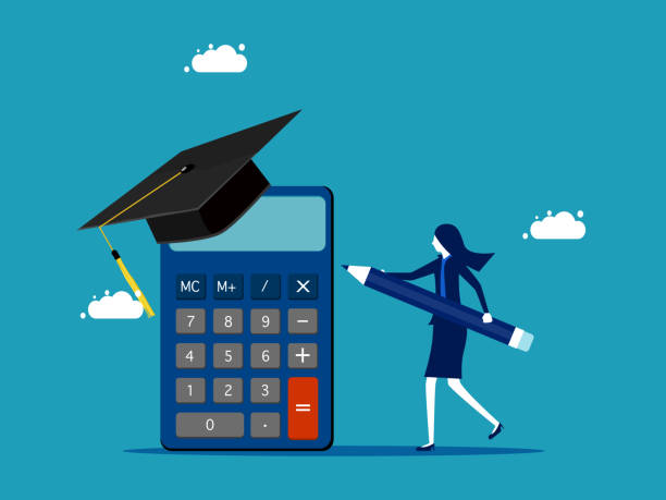 Calculate the learning cost. a businesswoman standing with a pencil and a calculator wearing a graduation cap vector art illustration