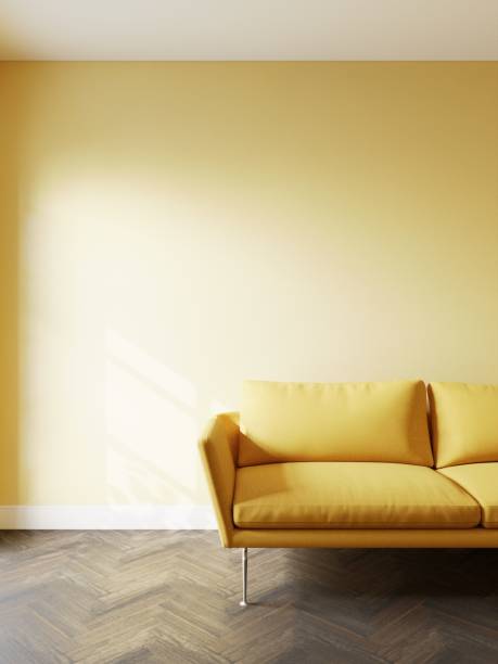 istock Empty interior mockup with sofa and wall. Yellow sofa in the interior, with free space on the wall. 3d rendering 1437185890