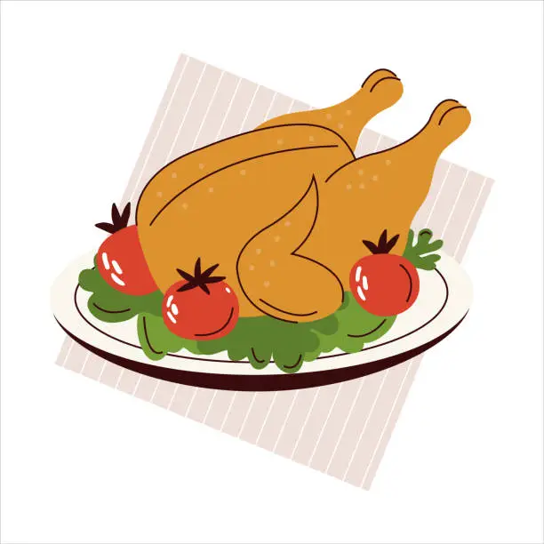 Vector illustration of Hot and delicious fried chicken meat on a plate isolated on a white background. Whole chicken meat. Roasted Thanksgiving Turkey. Festive traditional poultry dish. Colorful vector flat illustration