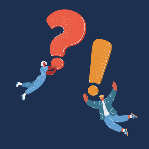 istock Cartoon vector illustration of question symbol and exclemation symbol. asking and answer consept. People fly with big sign. 1437187142
