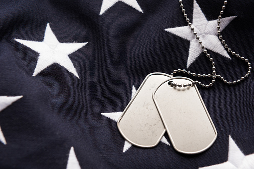 Blank dog tags on the flag of the United States of America, close up
