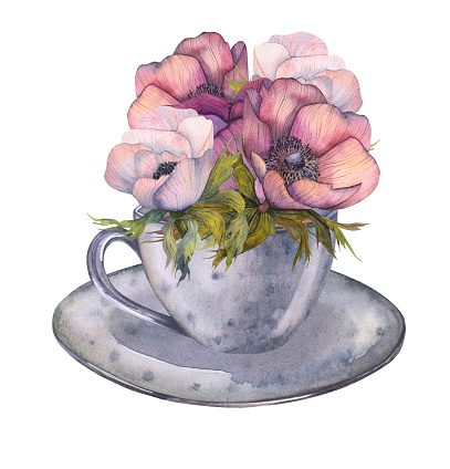 Mug with flowers watercolor illustration for package design, cooking appliances, postcard, menu, shop advertisement.
