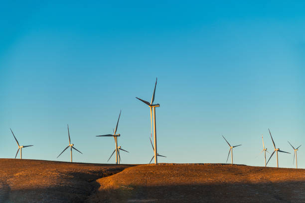 istock Multiple wind turbines standing on a hill at sunrise and generating electricity 1437190369