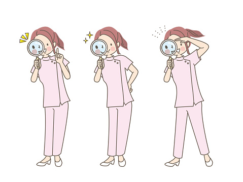 Female nurse peeking out of magnifying glass vector illustration