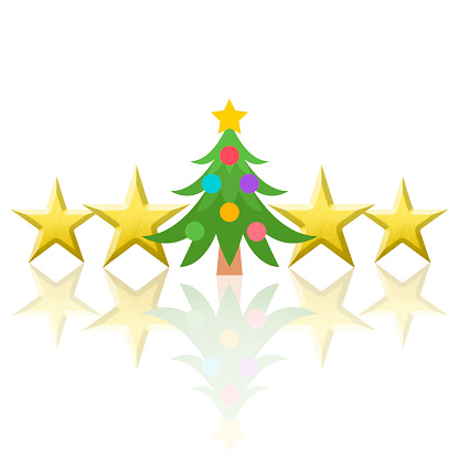 Row of Golden stars with Christmas Tree on white background.