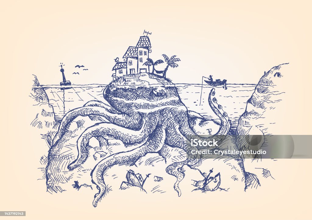 Ilustración de Pulpo Gigante De Isla Ataca A Un Pescador Puede Ser Un Símbolo De Monstruos Marinos Legendarios Como El Kraken Y Más De Tinta De Dibujadas A Mano