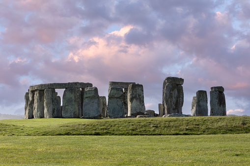 stonehenge during late afternoon light, purple, pink and blue hue's