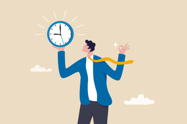 시간 엄수, 약속 또는 일정 정시에 도착, 마감일 또는 시간 내에 작업 완료, 회의 알림 또는 시간 관리 개념, 정확한 타이밍으로 시계를 들고 시간을 엄수하는 사업가. - deadline personal organizer busy clock stock illustrations