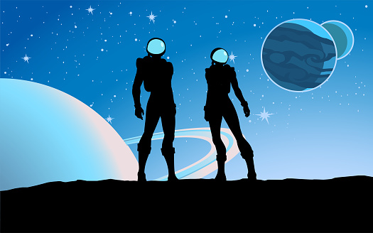 A silhouette style vector illustration of a couple astronaut standing on a moon surface, with outer space in the background. Wide space available for your copy.