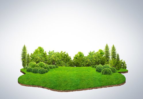 Travel and vacation background. 3d illustration with cut of the ground and the grass landscape. The trees on the island and rocks. blue sky with clouds isolated on background.