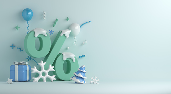 Winter sale decoration background with percent symbol, snowflakes, gift box, balloon, copy space text, 3D rendering illustration