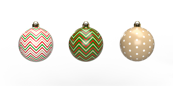 Merry Christmas 2022 - Happy New Year 2023 concept: Beautiful colorful 3D Christmas baubles deco on white background, copy space. Clipping path feature to crop ornaments easy or for seperate use on different surface. Front view.