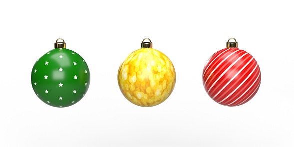 Merry Christmas 2022 - Happy New Year 2023 concept: Beautiful colorful 3D Christmas baubles deco on white background, copy space. Clipping path feature to crop ornaments easy or for seperate use on different surface. Front view.