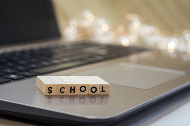 istock Virtual learning concept with wood block letters on laptop 1437197669