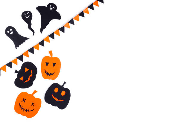istock Happy halloween pumpkin smile and Ghost make from paper cut on white background, Decorative Halloween concept 1437197796