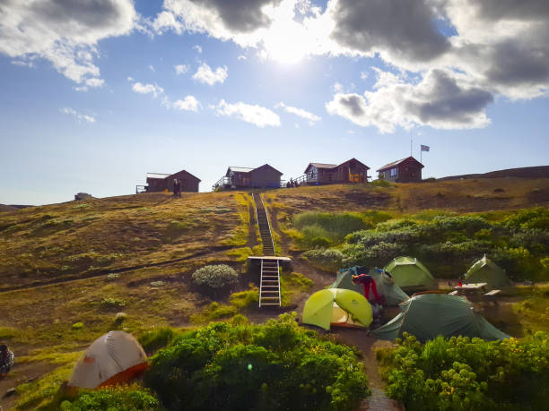 Emstrur, Iceland – July 05, 2019: Emstrur, Iceland, July 2020: view on emstrur botnar hut and camping ground on the laugavegur hiking trail. travel and tourism.
