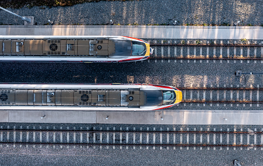 Doncaster, UK - October 13, 2022.  An aerial view of Hitach Azuma diesel electric fleet of high speed passenger trains at the LNER maintenance depot in Doncaster UK
