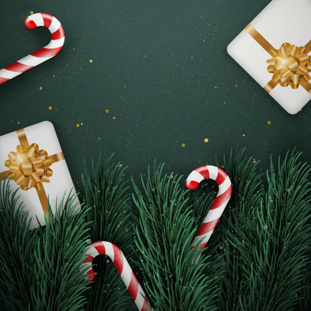 istock Merry Christmas composition 3D realistic pine fir tree branches gift box with golden ribbon and candy cane 1437200755