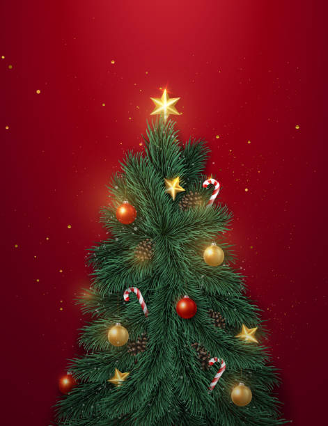 istock Merry Christmas composition 3D realistic pine fir tree candy cane and decoration bauble ball star ornaments 1437200842