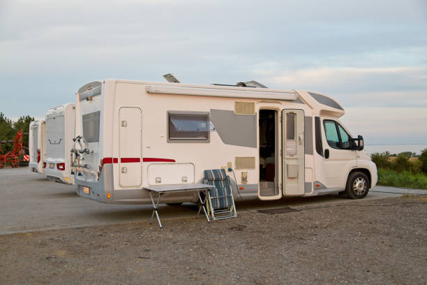 row of white motorhomes