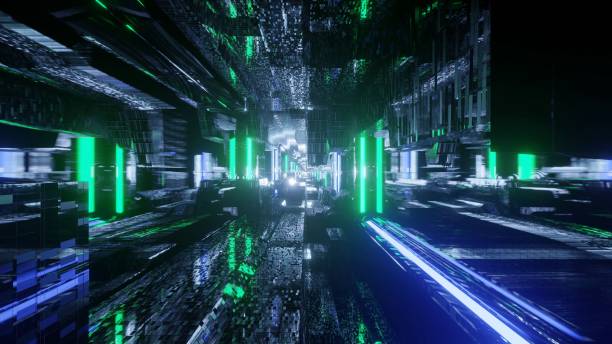 istock 3D rendering illustration of abstract green and blue neon lights 1437201713