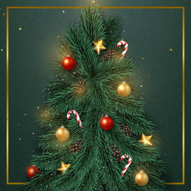 istock Merry Christmas composition 3D realistic pine fir tree candy cane decoration bauble and star ornaments 1437201987