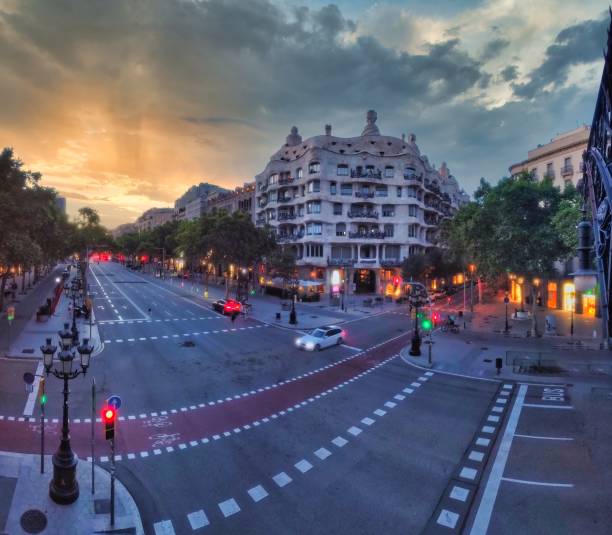 barcelona. paseo de gracia street and pedrera. catalonia,spain - la pedrera imagens e fotografias de stock