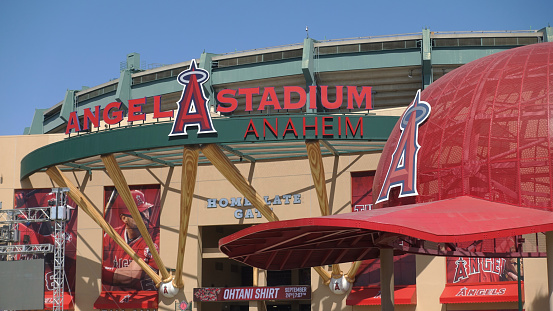 Anaheim, CA, United States – September 22, 2019: Medium shot of the Angel Stadium in Anaheim with the distinctive giant red baseball caps.
