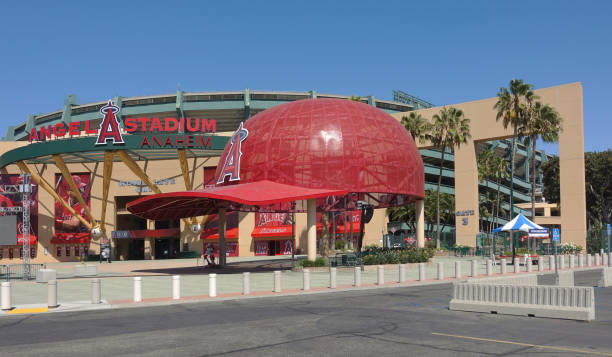 Anaheim, CA, United States – September 22, 2019: Medium shot of the Angel Stadium in Anaheim with the distinctive giant red baseball caps.