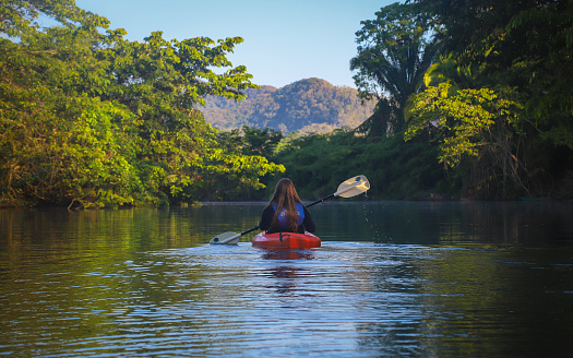 Punta Gorda, Belize – February 16, 2019: A young woman paddles along the Moho River amidst southern Belize's jungle environment.