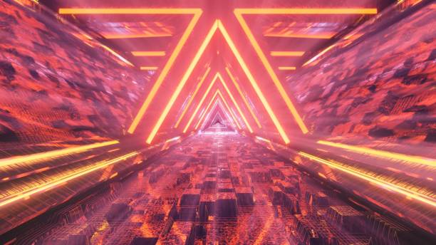 istock 3D rendering of a cool trippy futuristic hallway in a triangular form 1437205125