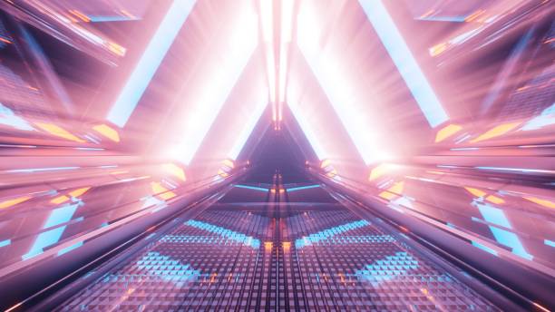 istock 3D rendering of a cool trippy futuristic hallway in a triangular form 1437205171
