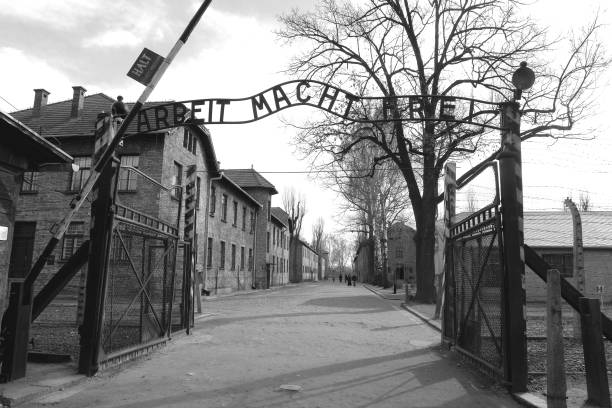 puerta de entrada al campo de concentración de auschwitz - birkenau fotografías e imágenes de stock