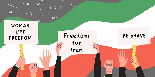 Protests in Iran, women rights demonstration. protestor hands holding placards and posters. Supporting the protests against. Flat vector illustration in trendy colors.