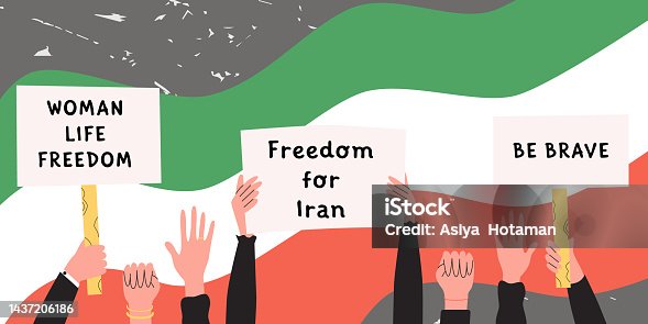 istock Protests in Iran, women rights demonstration. protestor hands holding placards and posters. Supporting the protests against. Flat vector illustration in trendy colors 1437206186
