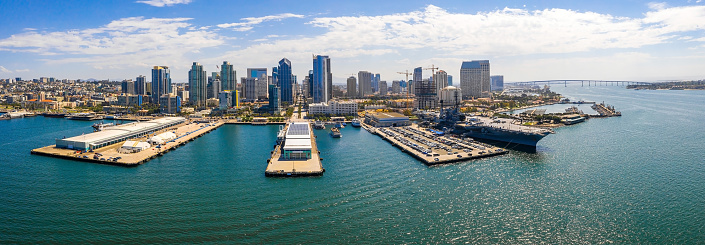 An aerial panoramic view of the city skyline of the port of San Diego, California