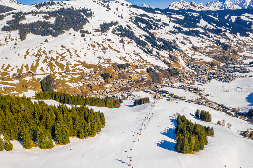 An aerial view of a mountains ski resort Solden Austria