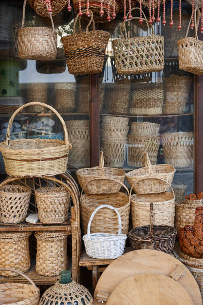 istock Baskets wickerwork old shop. Traditional handcrafted works. Basketry 1437209059