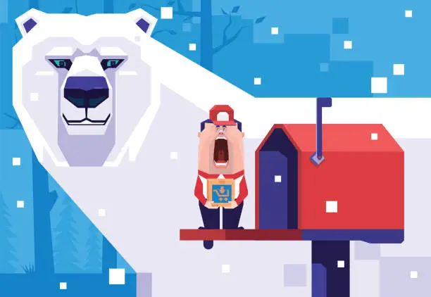 Vector illustration of courier standing on mailbox and screaming while meeting polar bear
