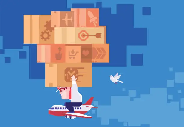 Vector illustration of courier sitting on airplane and holding stack of cartons