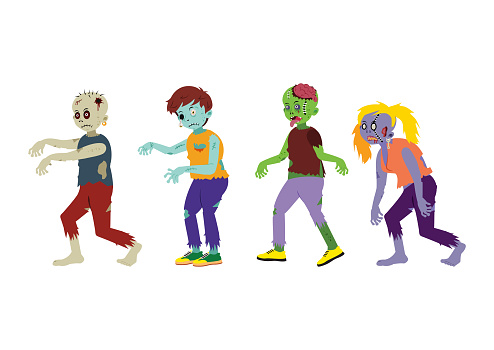 Different character of zombies illustration. Cartoon scary zombies isolated on white background